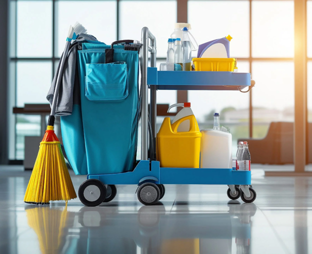 a cleaning cart with supplies